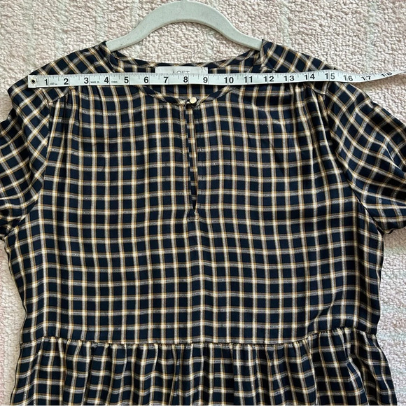 NWOT Loft Navy and Mustard Plaid Tiered Midi Dress Gold Accents Size Small Fall - Picture 5 of 9